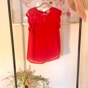 Bright red orange scalloped chiffon high neck top